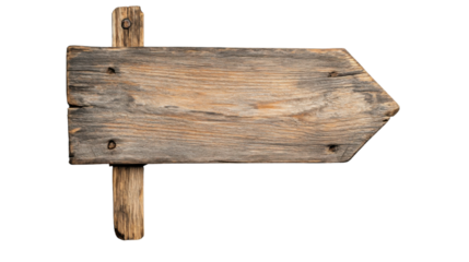 Old wooden arrow sign pointing right on transparent background