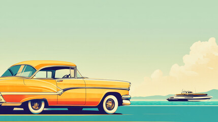 Explore coastal highways with a vintage car and boat in this retro travel poster
