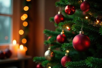 Festive red and green decorations adorn the Christmas tree amidst soft candlelight, garland, colors, ambiance