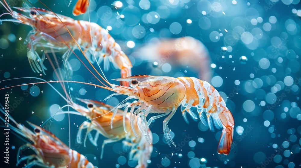 Poster Several vibrant shrimp are swimming in a clear underwater setting filled with bubbles, showcasing intricate patterns and lively movement in their aquatic habitat.