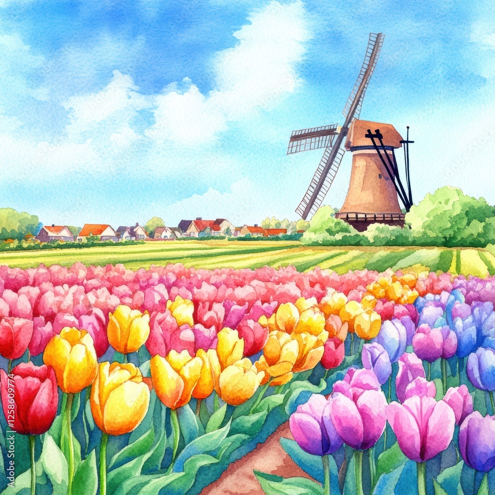 Poster Colorful tulip fields with windmill in vibrant spring colors creating a cheerful landscape. Generative AI