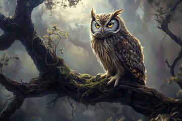 Owl perched on branch in forest