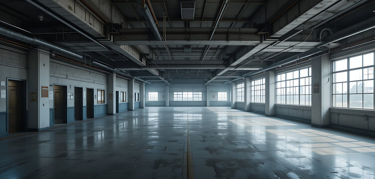 visualization of an empty post-industrial office hall captures desolate atmosphere and abandoned nature of space