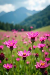 Obraz premium Horizontal arrangement of pink Erinus alpinus flowers in a meadow landscape, pink, nature