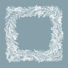 Frosted square frame with intricate ice patterns, clear lines, detailed textures. White icy rectangle with frost feathers on blue background. Winter cold abstract border, delicate frozen elements