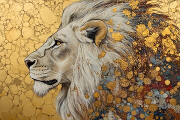 Gold lion portrait with intricate patterns
