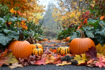 Two large orange pumpkins resting on fallen autumn leaves creating a festive fall scene