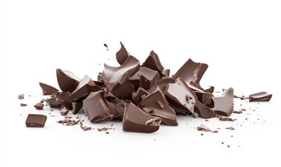 Fototapeta premium Broken dark chocolate pieces on white background, food photography for packaging