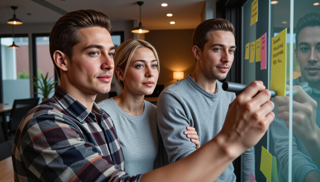 Diverse team collaborating in modern office, brainstorming ideas on glass board with post-it notes