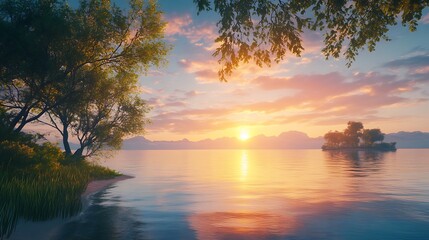 Serene lakefront landscape with tree silhouettes and glowing horizon view