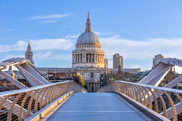 St. Paul's Cathedral and the Millennium Bridge in London in the morning