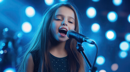 Girl singing with microphone on stage with blue lights. Music entertainment content