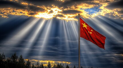 Chinese flag prominently displayed on a flagpole, with the sky showing rays of sunlight piercing through the clouds. Chinese flag, flagpole, rays of sunlight, piercing clouds, sky glowing, vibrant 
