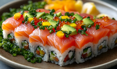 Delicious Salmon Sushi Roll Platter, Colorful, Appetizing
