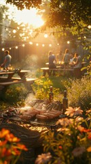 Summer Garden Party with Grill and Guests Enjoying a Golden Hour Feast Outdoors with String Lights