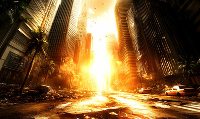 Desolate city street, sunlit, post-apocalyptic