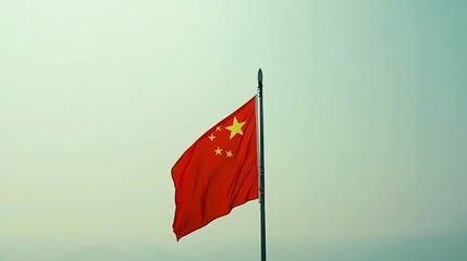 Chinese national flag standing out against a bright, sunny sky, with a sense of calm and optimism in the air Chinese national flag, standing out, bright sunny sky, calm atmosphere, optimism, 