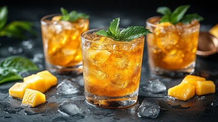 Refreshing mango iced tea drinks on dark background