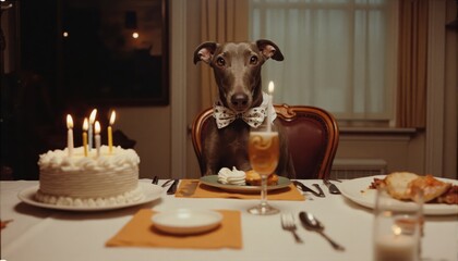 A whippet dog dressed with a festive bow tie sits at a wooden table with a birthday cake, candles, and elegant decor, posing for a portrait.