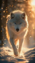 Obraz premium White Wolf Strolling Gracefully Through a Snow Covered Landscape in Warm Golden Hour Lighting