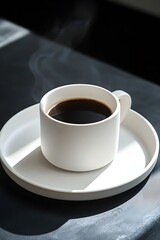 Obraz premium white mug with platter of coffee close up detail with steam rising, studio shot on black background