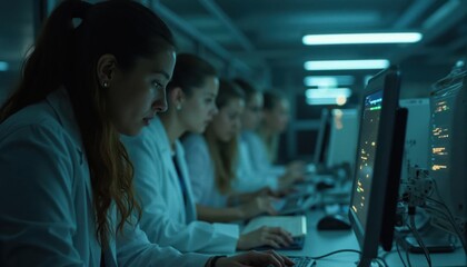 Fototapeta premium A group of female scientists in lab coats study and analyze complex digital data on futuristic computer screens in a high-tech research laboratory.