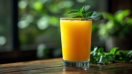 Refreshing mango smoothie on wooden table, lush green background