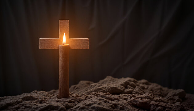 Lone wooden cross illuminated by candlelight on rocky hill, reflective atmosphere for Good Friday - Powered by Adobe