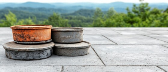 Naklejka premium Rusty Metal Containers Stacked on Stone Surface with Green Hill Background
