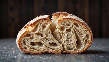 Partially broken loaf of unleavened bread on a stone surface, soft ambient light, Good Friday