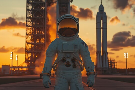 Determined astronaut holding helmet, ready for liftoff as rocket stands tall