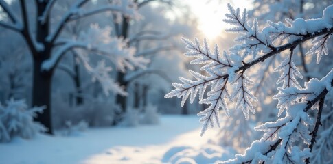 Snowy trees with intricate snowflakes gently falling on the branches, frost, grayscale, snowflake