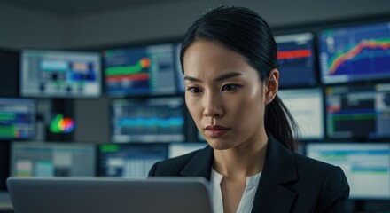 Focused Professional Analyzing Data in a High-Tech Environment