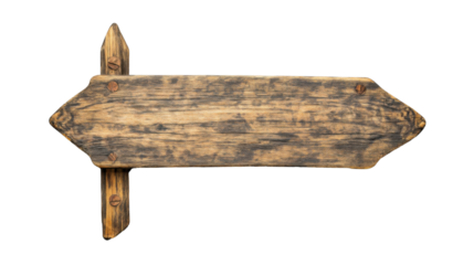 Old wooden arrow sign pointing right on transparent background