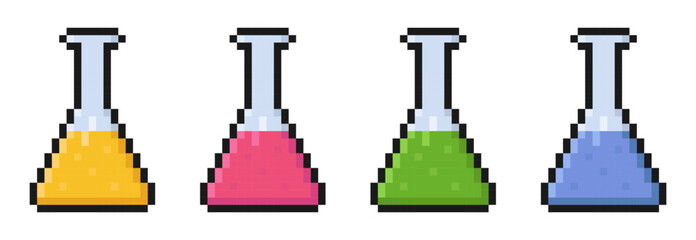 pixel flask set of objects, glass bottle, vial, design element, biology, science, school, old arcade game item, sticker, elixir, magic, vector illustration