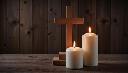 Minimalistic wooden cross beside lit candles creating a contemplative atmosphere on Maundy Thursday