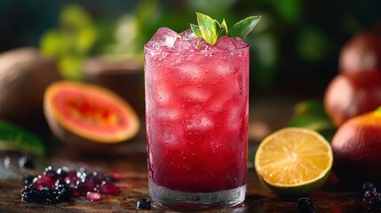 Refreshing red fruit iced drink, tropical setting