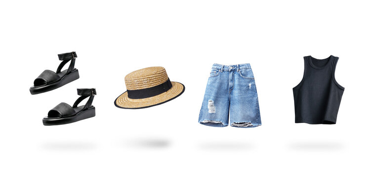 Summer women clothes set isolated on white.Female top and denim shorts.Collection of fashion garment.