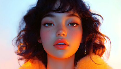 Digital portrait of a young woman, vibrant colors, close-up, studio shot, possible use for fashion or beauty magazine