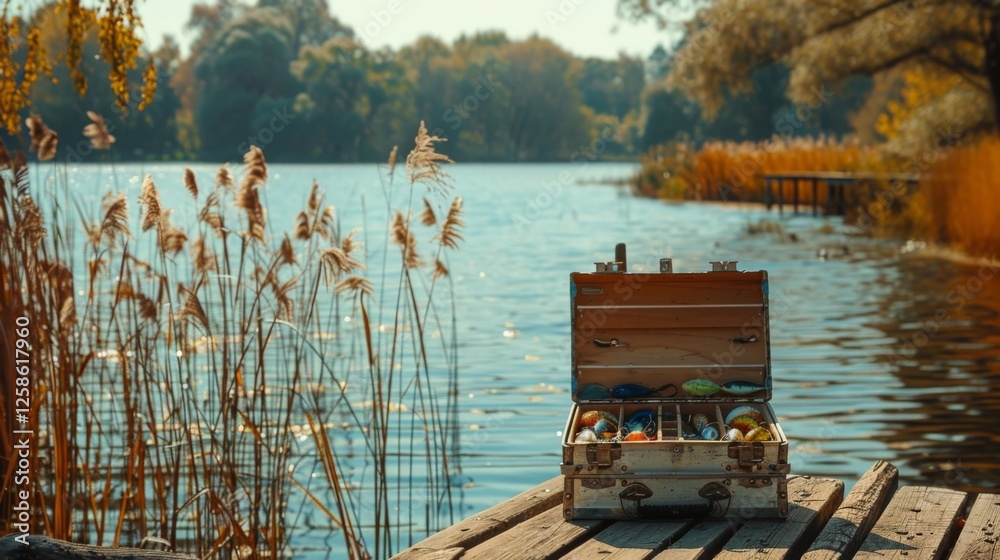 Poster a rustic chest stands open on a wooden dock by a tranquil lake, displaying an assortment of vibrant 