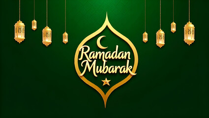 Ramadan Mubarak greeting card with lanterns and crescent on green background