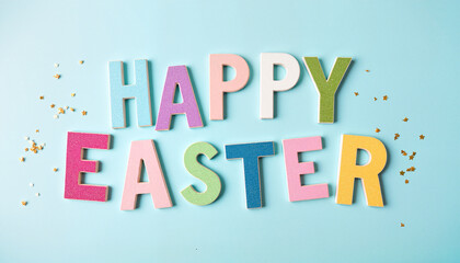 Colorful 3D glittery letters spelling Happy Easter on a light blue background with confetti
