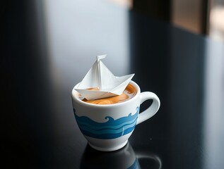 Paper Boat Floating in Coffee Cup Creative Drink Presentation Concept