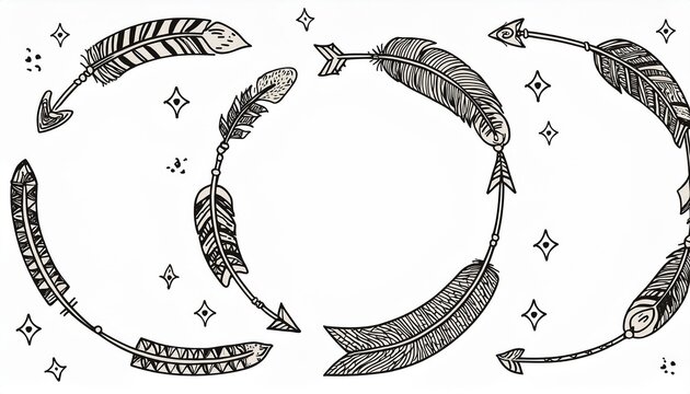 Boho arrow circle frame set. Hand drawn doodle african, aztec rustic ethnic arrow border, ornament circle frame. Tribal boho decor design. perfect any project.
