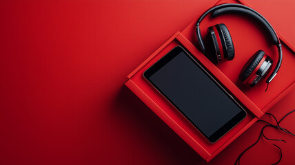 Close-up of a red gift box with a modern smartphone, tablet, and headphones neatly arranged inside, on a bold red background with copy space