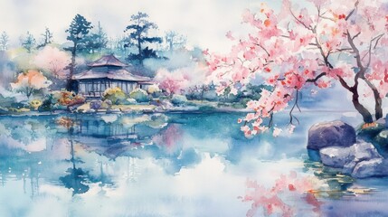 Cherry blossoms reflect on tranquil lake in a serene Japanese garden during springtime morning. Generative AI