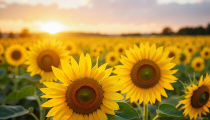 Fototapeta premium Vibrant sunflowers blooming at golden sunset, summer joy
