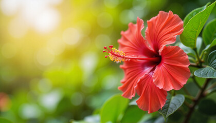 Vibrant red hibiscus flower blooming in sunlight, natural beauty © Nii_Anna