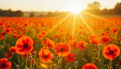 Fototapeta premium Colorful poppies blooming in golden hour light, floral serenity