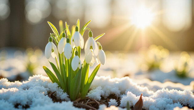 Delicate snowdrop flowers blooming in frost, symbol of spring renewal